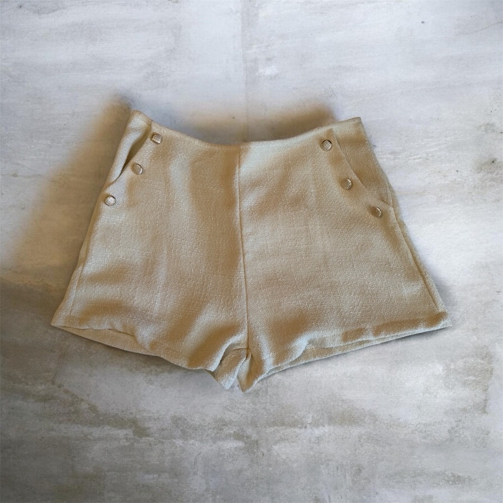 High-Waist Cream Women's Short with Button Detail
